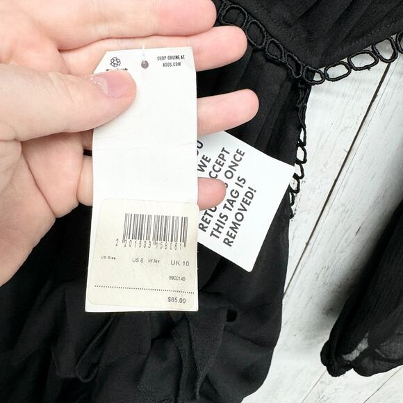 ASOS Dress Women Size 6 Mini Laced Open Black Pleated Ruffled Black Summer - Picture 5 of 8